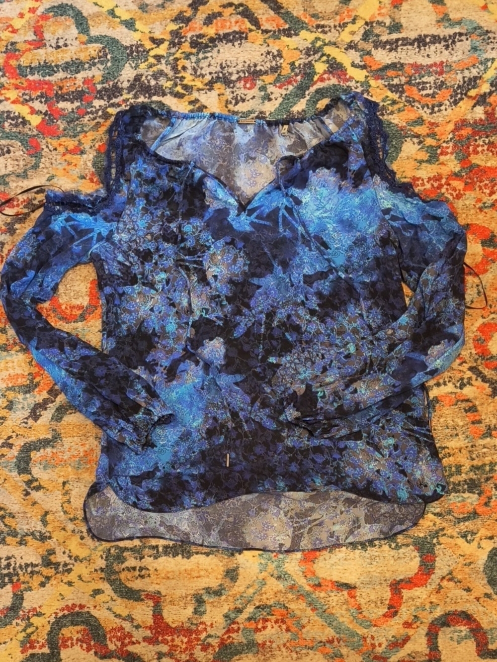 Elie Tahari Blue Purple 100% Silk Floral Top With Bare Shoulders